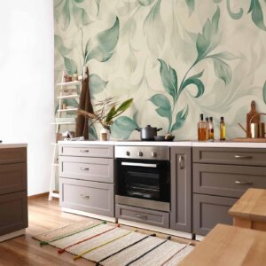 Fotobehang - Watercolor Botanical Motif Delicate Green-Beige Leaves