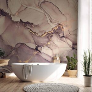 Fotobehang - Watercolour Abstraction - Powder Pink Marble With Gold Accents