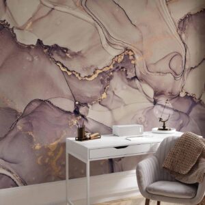 Fotobehang - Watercolour Abstraction - Powder Pink Marble With Gold Accents