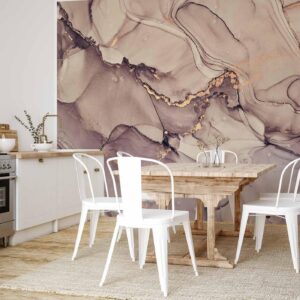 Fotobehang - Watercolour Abstraction - Powder Pink Marble With Gold Accents