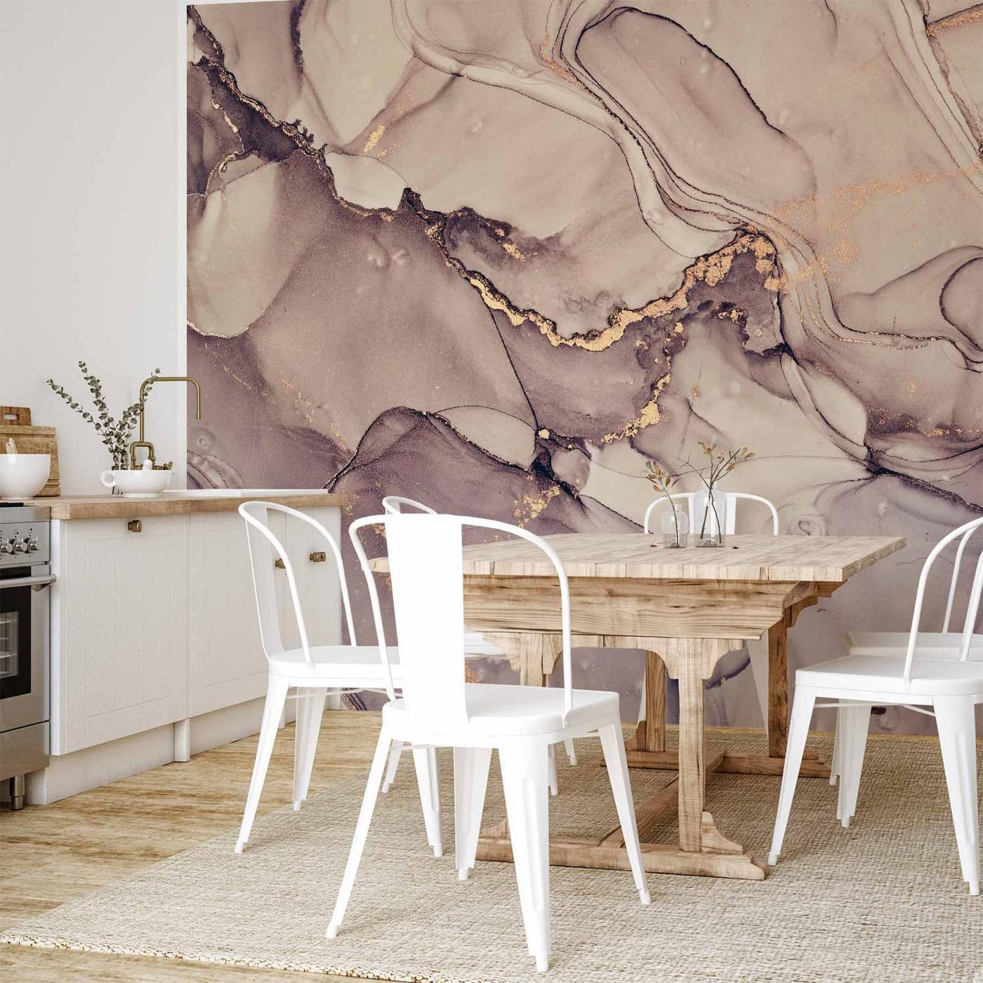 Fotobehang - Watercolour Abstraction - Powder Pink Marble With Gold Accents