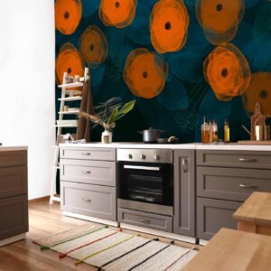 Fotobehang - Watercolour composition - orange patterns on a delicate leaf background