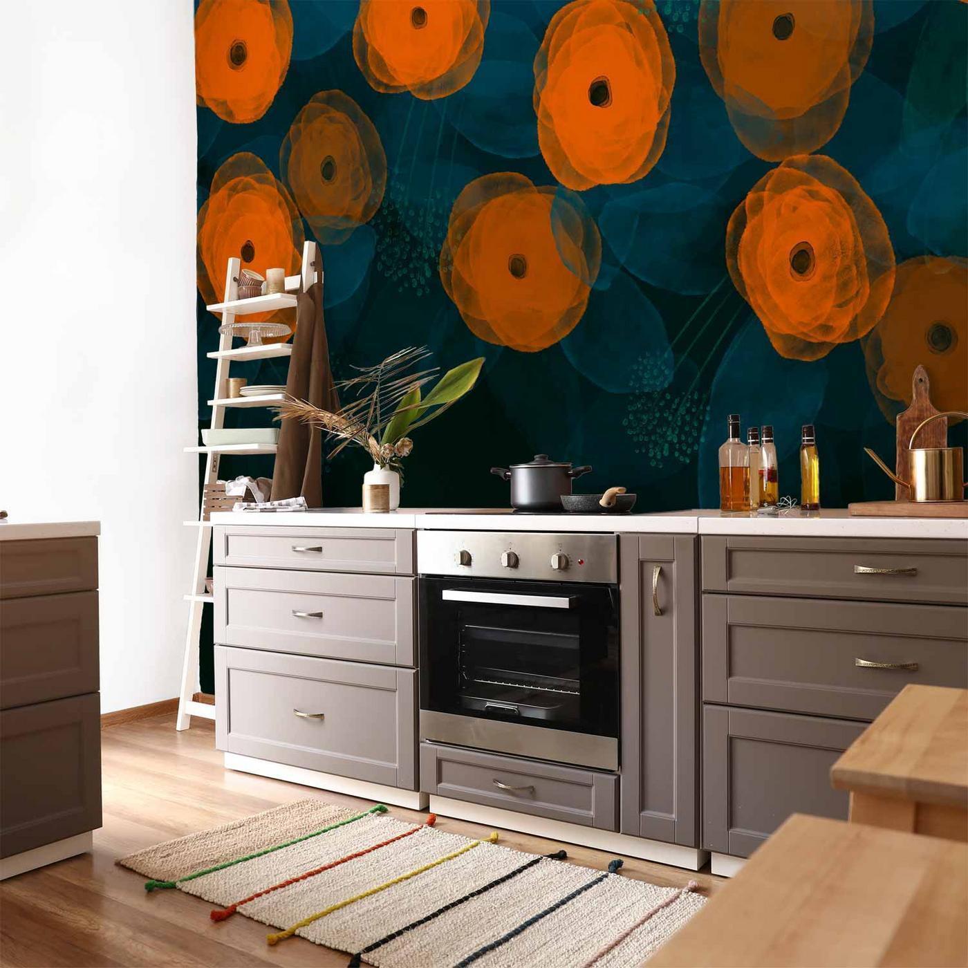 Fotobehang - Watercolour composition - orange patterns on a delicate leaf background