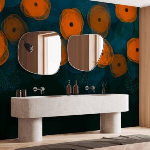 Fotobehang - Watercolour composition - orange patterns on a delicate leaf background