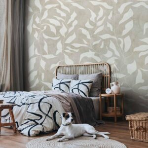 Fotobehang - White leaves - abstract plant motif on beige background with frame