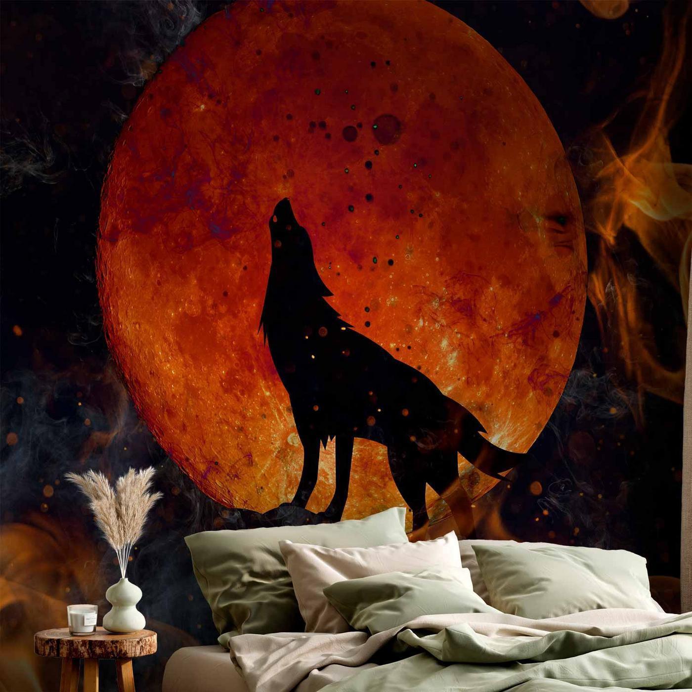 Fotobehang - Wild nature - wolf on a background of a red moon in flames of fire