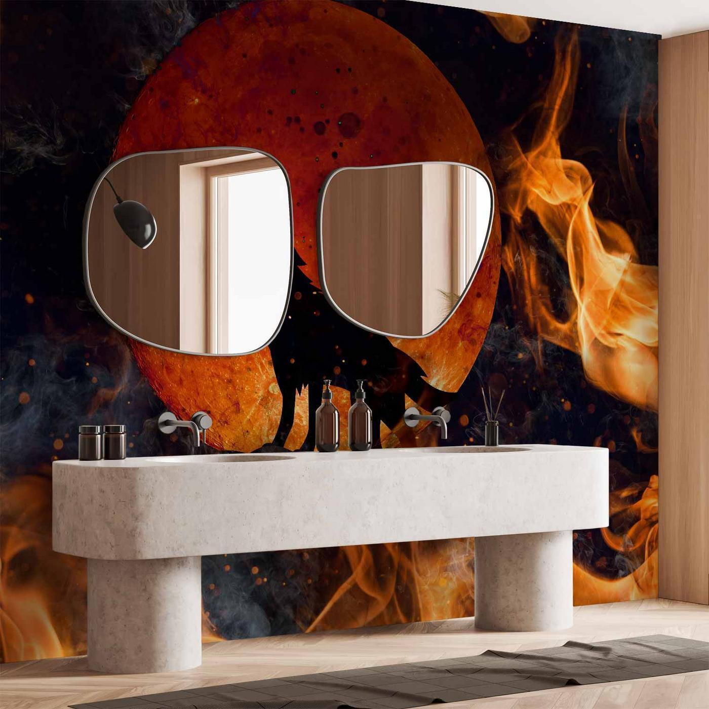 Fotobehang - Wild nature - wolf on a background of a red moon in flames of fire