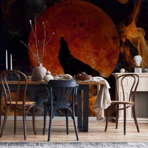 Fotobehang - Wild nature - wolf on a background of a red moon in flames of fire