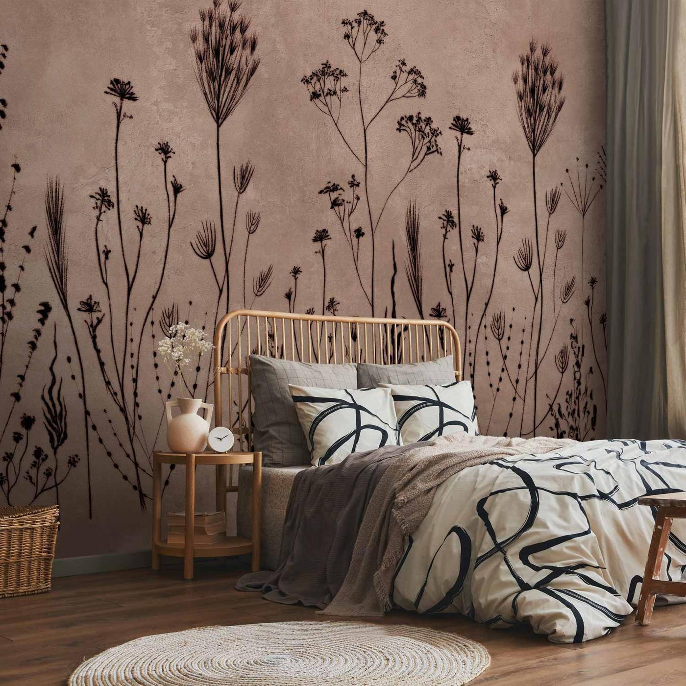 Fotobehang - Wildflowers – black plants on lime-wash background