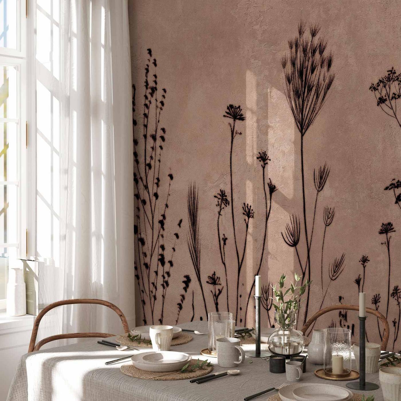 Fotobehang - Wildflowers – black plants on lime-wash background