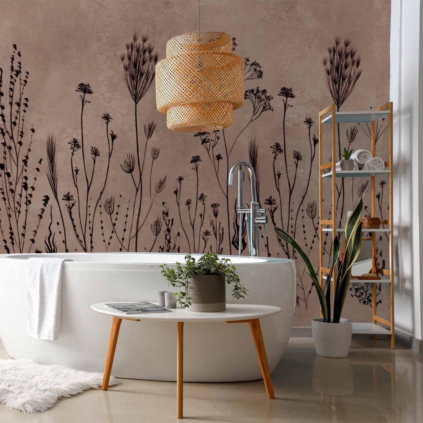 Fotobehang - Wildflowers – black plants on lime-wash background