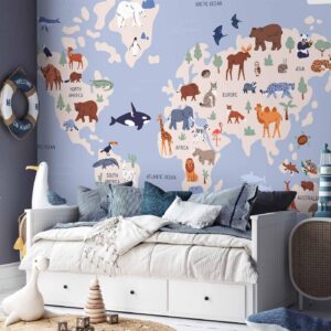 Fotobehang - World Map With Animal Illustrations