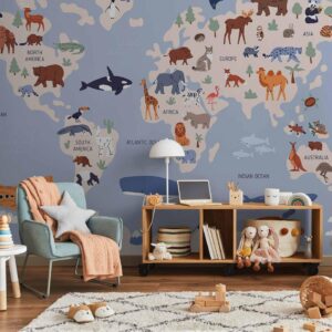 Fotobehang - World Map With Animal Illustrations