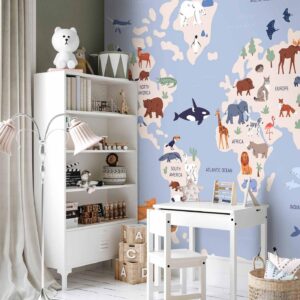 Fotobehang - World Map With Animal Illustrations
