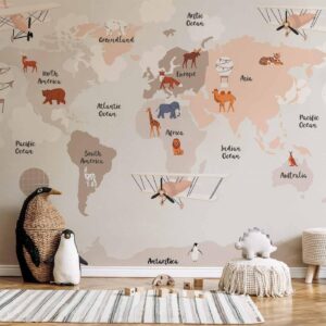 Fotobehang - World Map in Beige Tones for Children's Room