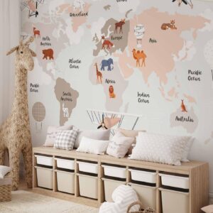 Fotobehang - World Map in Beige Tones for Children's Room