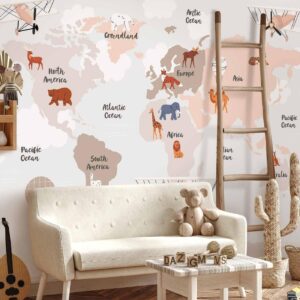 Fotobehang - World Map in Beige Tones for Children's Room