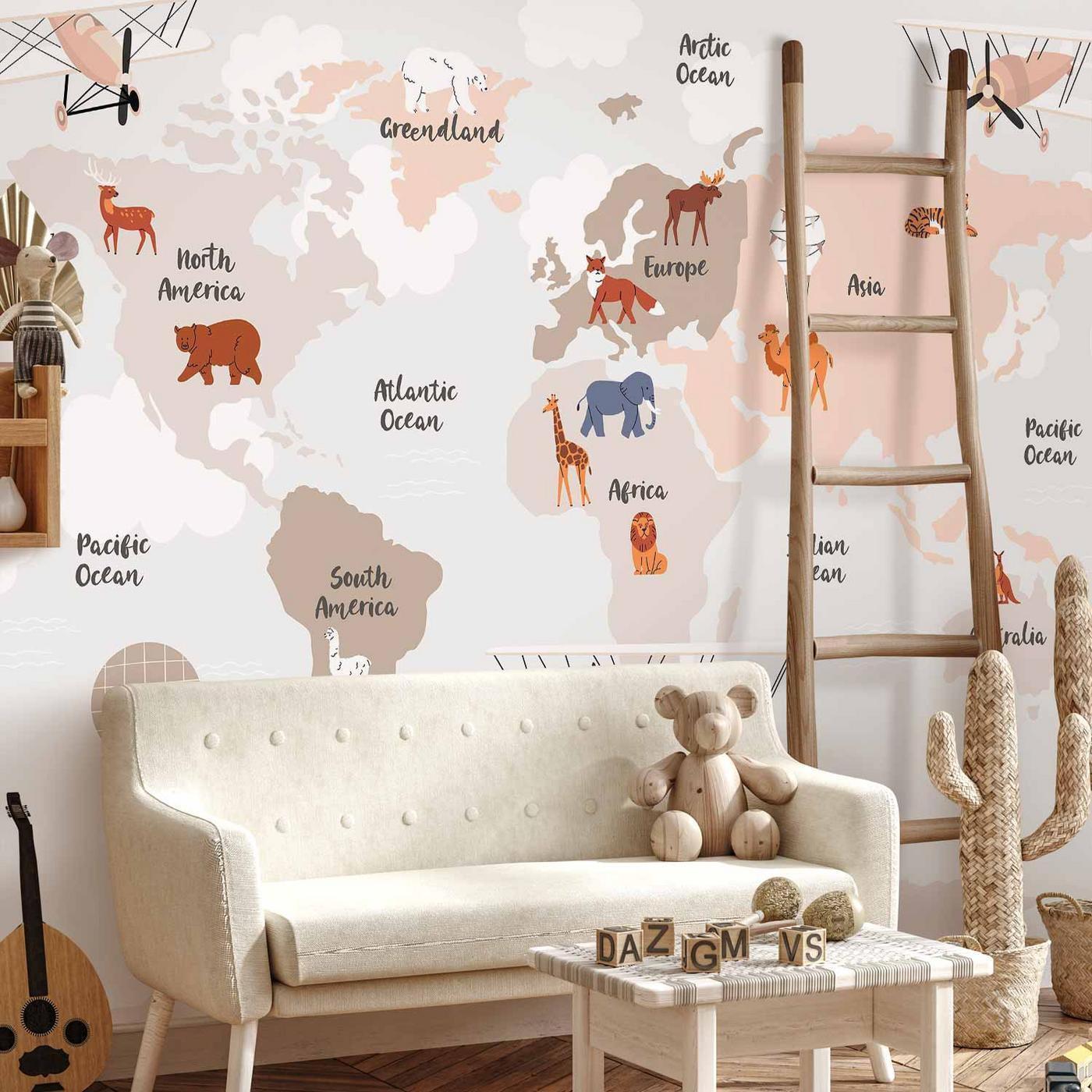Fotobehang - World Map in Beige Tones for Children's Room