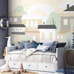 Fotobehang - Yellow town - city suburb with trees and cats for children