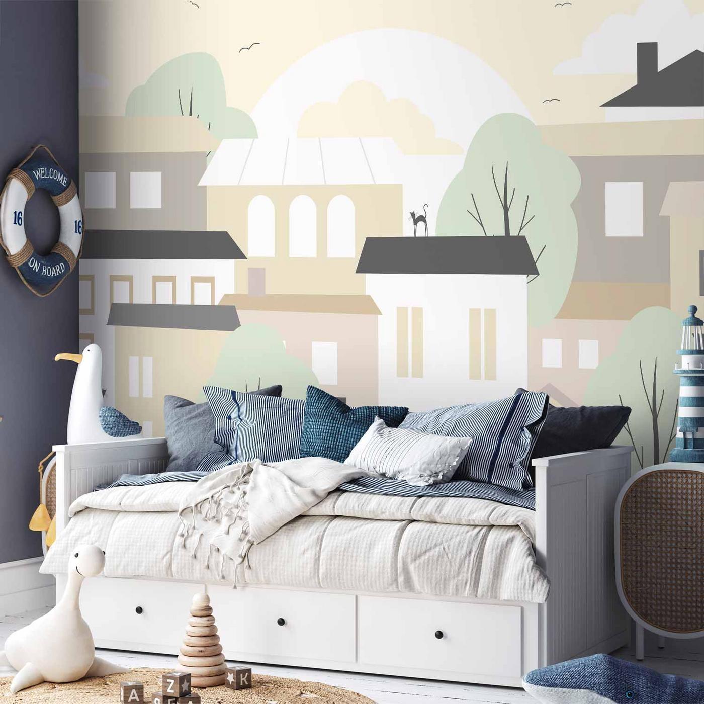 Fotobehang - Yellow town - city suburb with trees and cats for children