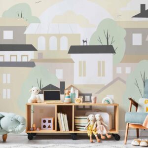 Fotobehang - Yellow town - city suburb with trees and cats for children