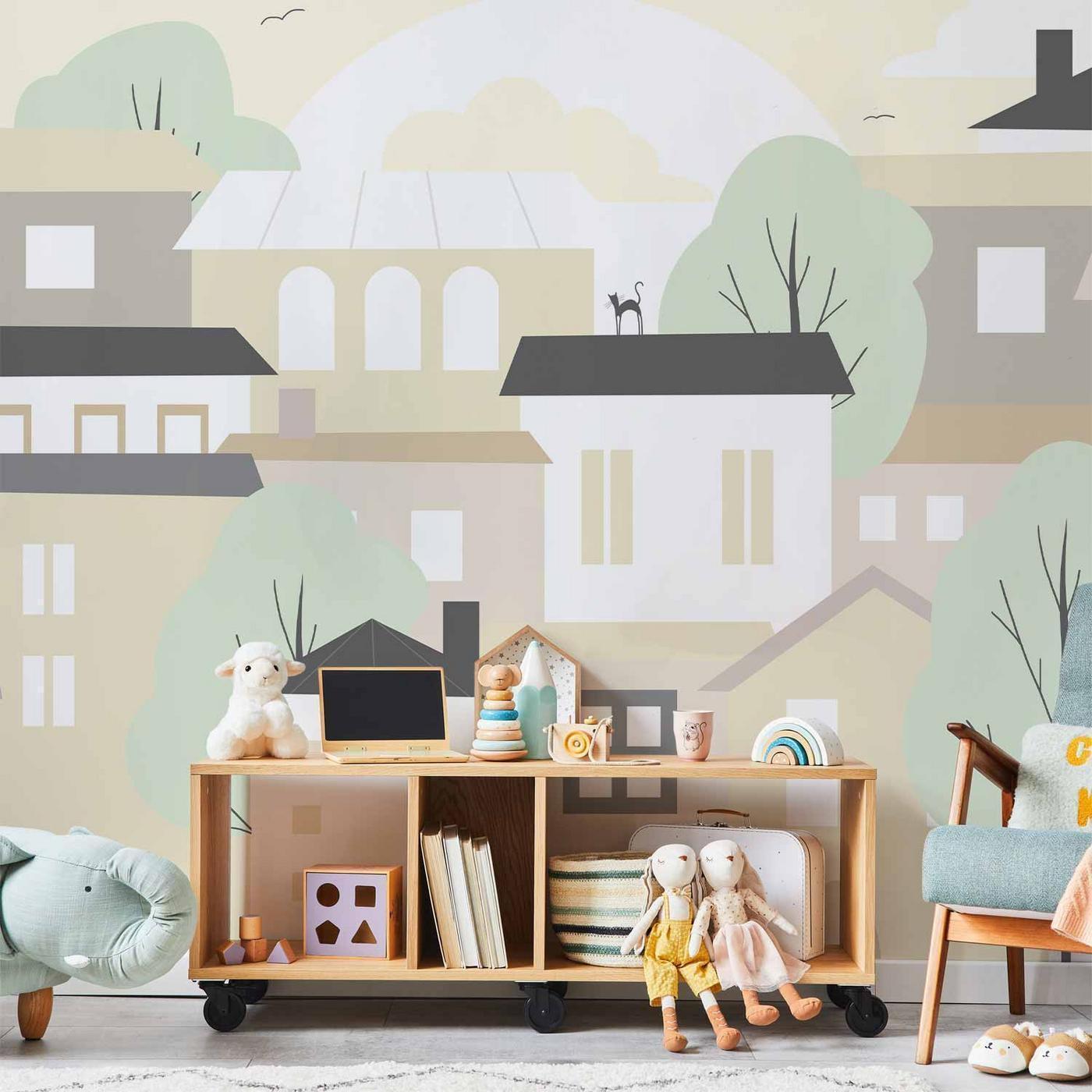 Fotobehang - Yellow town - city suburb with trees and cats for children