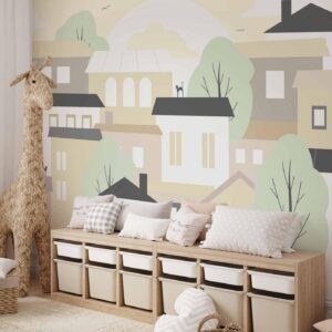 Fotobehang - Yellow town - city suburb with trees and cats for children